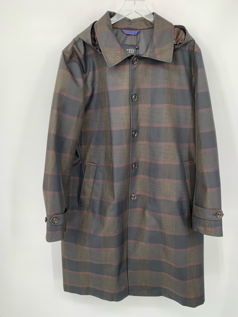 Ted Baker trench rain coat jacket navy blue olive plaid hood men new 46R 46 XL